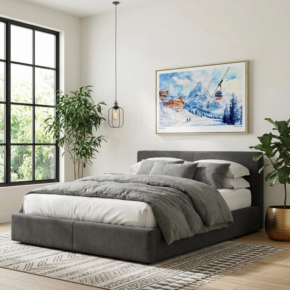 02 - Skiing in Swiss Alps Watercolor - Horizontal Canvas Print with Natural Floater Frame Above Bed.jpg 02 - Skiing in Swiss Alps Watercolor - Horizontal Canvas Print with Natural Floater Frame Above Bed.jpg