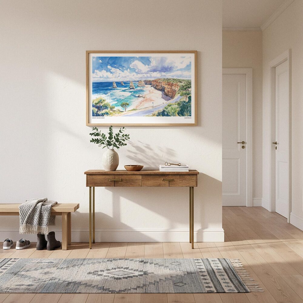 03 - A Framed Great Ocean Road Australia Watercolor - Horizontal Art Print hanging in Hallway.jpg 03 - A Framed Great Ocean Road Australia Watercolor - Horizontal Art Print hanging in Hallway.jpg