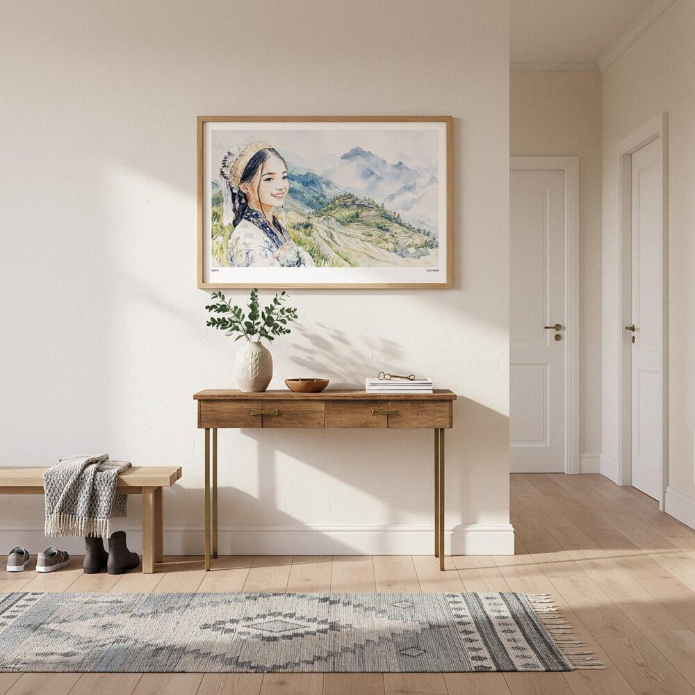 03 - A Framed Hmong Woman in Sapa Vietnam Watercolor - Horizontal Art Print hanging in Hallway.jpg 03 - A Framed Hmong Woman in Sapa Vietnam Watercolor - Horizontal Art Print hanging in Hallway.jpg