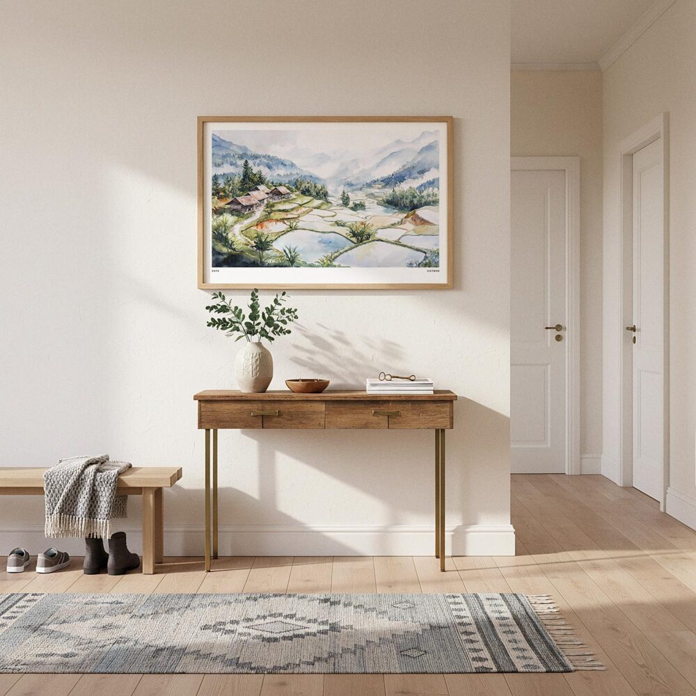 03 - A Framed Misty Sapa Watercolor - Horizontal Art Print hanging in Hallway.jpg 03 - A Framed Misty Sapa Watercolor - Horizontal Art Print hanging in Hallway.jpg