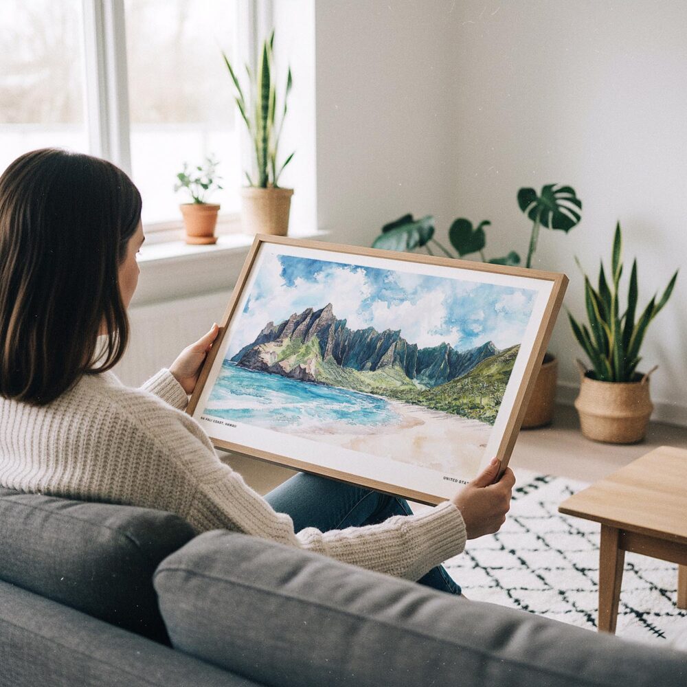 03 - A Woman Holding A Framed Haiwaii Na Pali Coast Watercolor - Horizontal Art Print.jpg 03 - A Woman Holding A Framed Haiwaii Na Pali Coast Watercolor - Horizontal Art Print.jpg