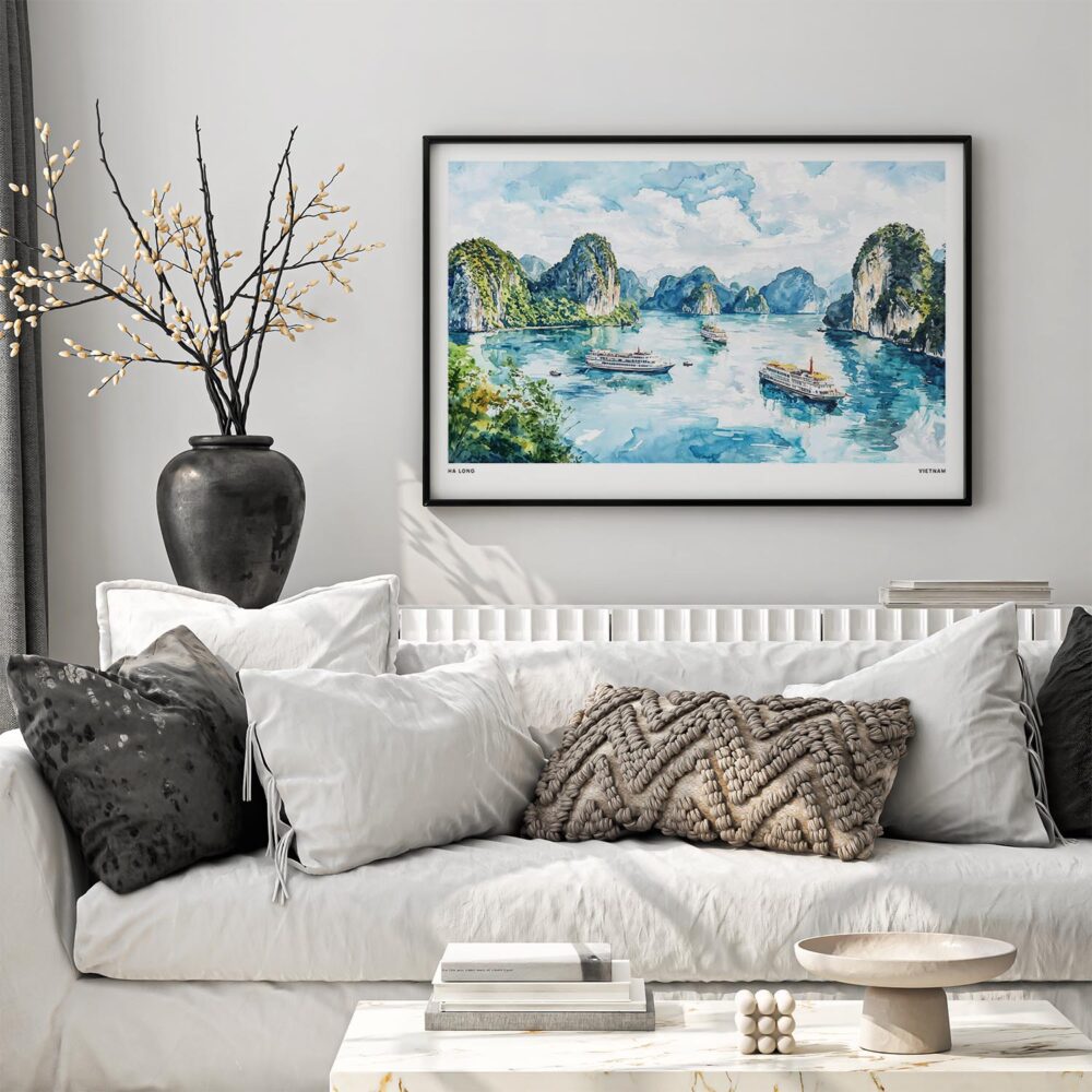 03 - Black Framed Ha Long Vietnam Watercolor - Horizontal Art Print in Scandi Living Room Above Couch.jpg 03 - Black Framed Ha Long Vietnam Watercolor - Horizontal Art Print in Scandi Living Room Above Couch.jpg