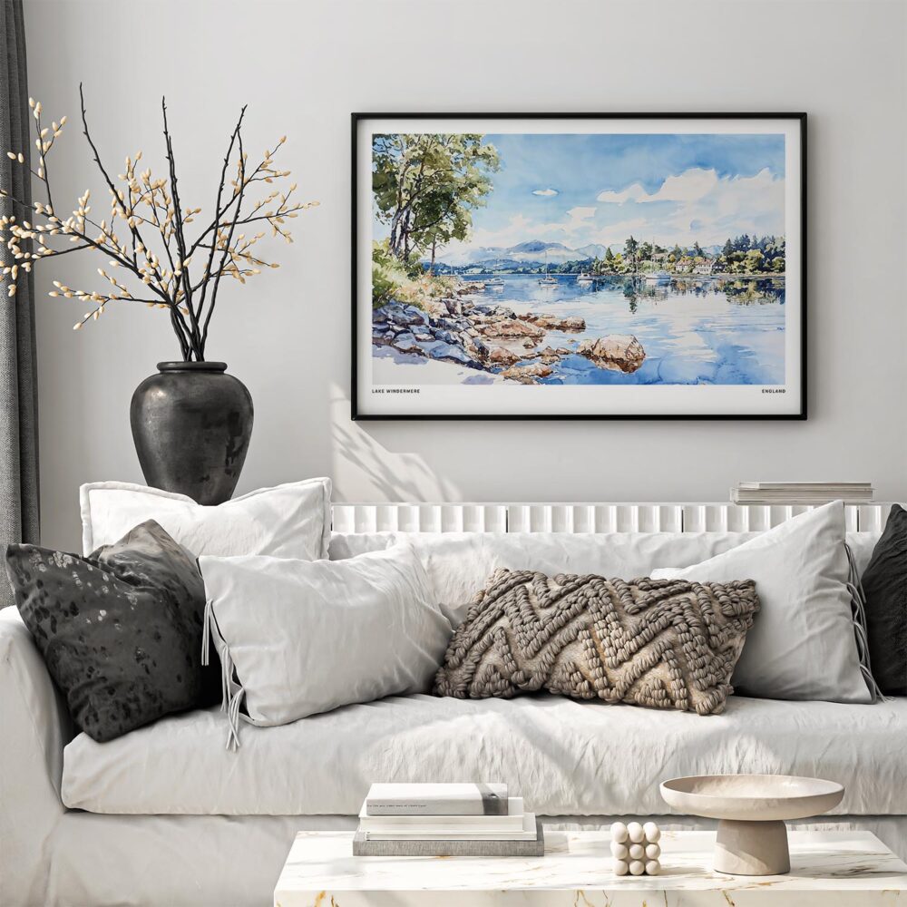 03 - Black Framed Lake Windermere Watercolor - Horizontal Art Print in Scandi Living Room Above Couch.jpg 03 - Black Framed Lake Windermere Watercolor - Horizontal Art Print in Scandi Living Room Above Couch.jpg