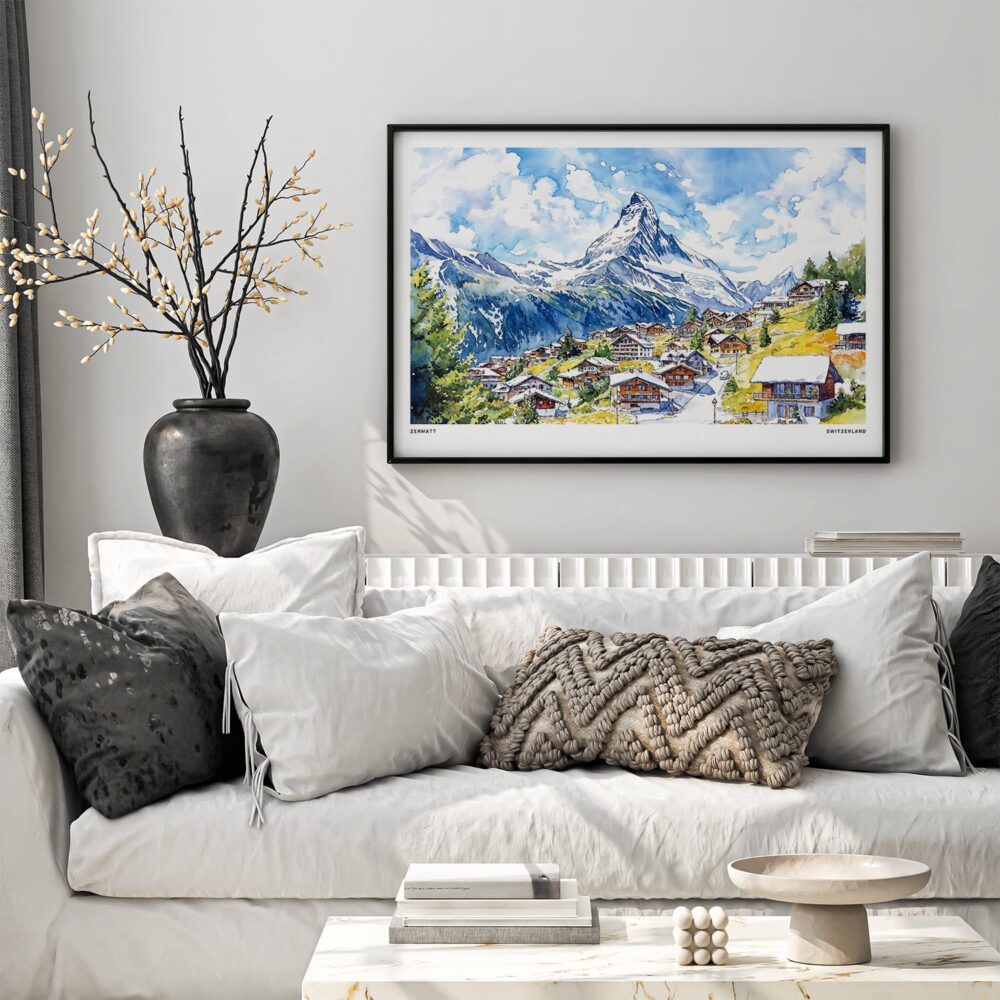 03 - Black Framed Zermatt Watercolor - Horizontal Art Print in Scandi Living Room Above Couch.jpg 03 - Black Framed Zermatt Watercolor - Horizontal Art Print in Scandi Living Room Above Couch.jpg