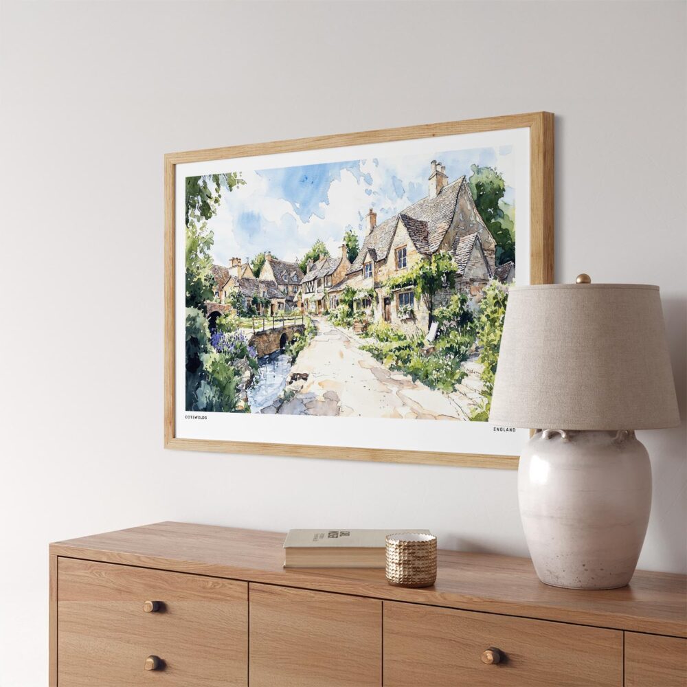 03 - Cotswolds England Watercolor - Horizontal Art Print in Natural Wood Frame Above Console.jpg 03 - Cotswolds England Watercolor - Horizontal Art Print in Natural Wood Frame Above Console.jpg