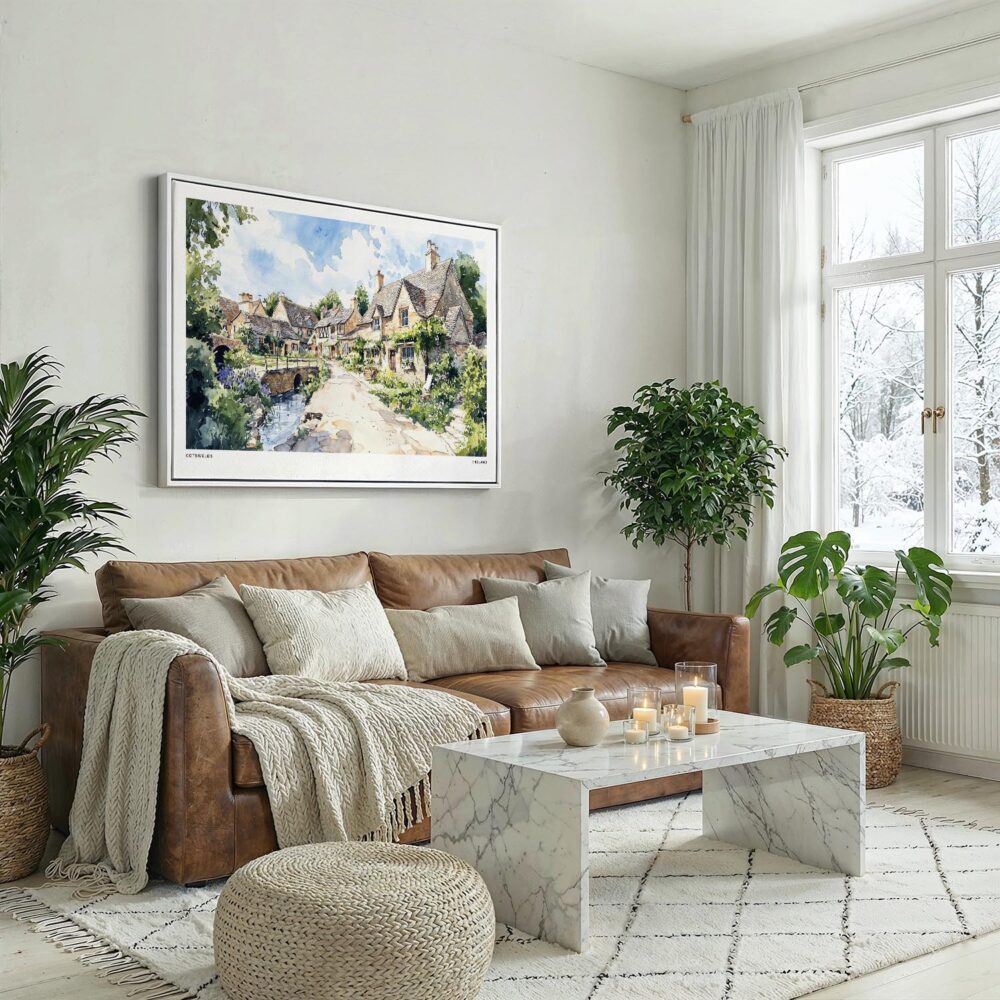 03 - Cotswolds England Watercolor - Horizontal Canvas Print with White Floater Frame above Leather Couch.jpg 03 - Cotswolds England Watercolor - Horizontal Canvas Print with White Floater Frame above Leather Couch.jpg