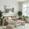 03 - Cotswolds England Watercolor - Horizontal Canvas Print with White Floater Frame above Leather Couch.jpg