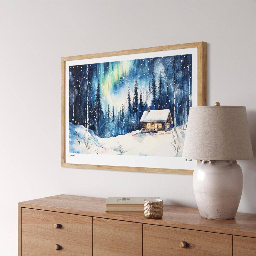 03 - Finland Lapland Aurora Watercolor - Horizontal Art Print in Natural Wood Frame Above Console.jpg 03 - Finland Lapland Aurora Watercolor - Horizontal Art Print in Natural Wood Frame Above Console.jpg