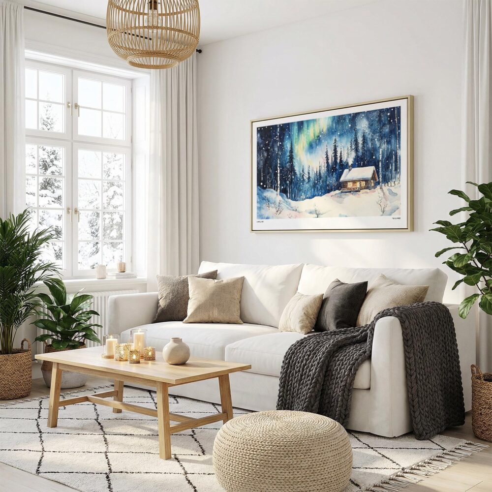 03 - Finland Lapland Aurora Watercolor - Horizontal Canvas Print with Natural Floater Frame in modern Scandi Living Room.jpg 03 - Finland Lapland Aurora Watercolor - Horizontal Canvas Print with Natural Floater Frame in modern Scandi Living Room.jpg