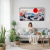 03 - Framed Abstract Japanese Landscape with Mount Fuji Art - Panorama Canvas Print - Woman Knitting on Sofa.jpg