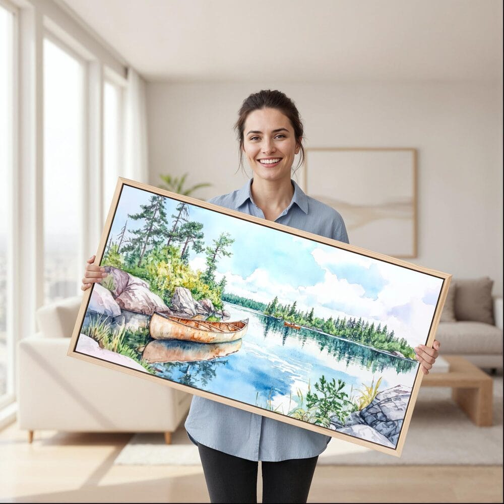 03 - Framed Boundary Waters Watercolor - Panorama Canvas Print - Woman in Living Room.jpg 03 - Framed Boundary Waters Watercolor - Panorama Canvas Print - Woman in Living Room.jpg