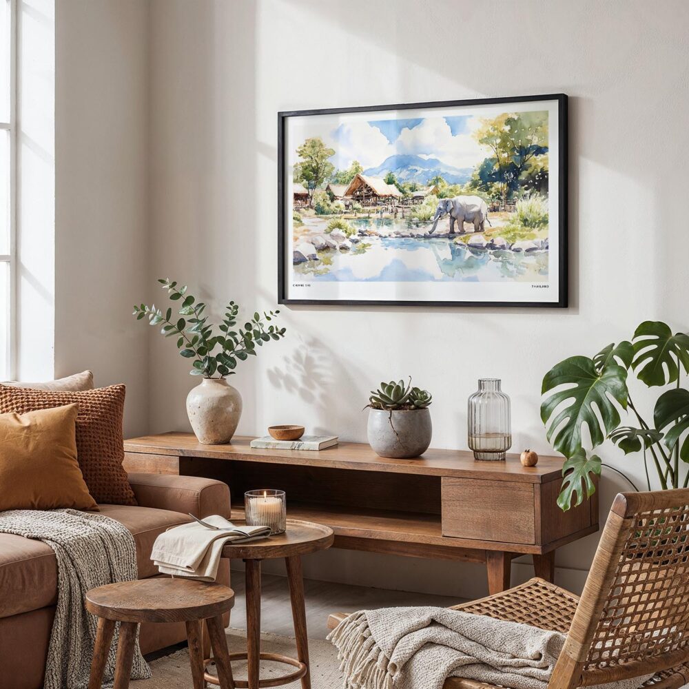 03 - Framed Chiang Mai Thailand Watercolor - Horizontal Art Print in Boho Living Room.jpg 03 - Framed Chiang Mai Thailand Watercolor - Horizontal Art Print in Boho Living Room.jpg
