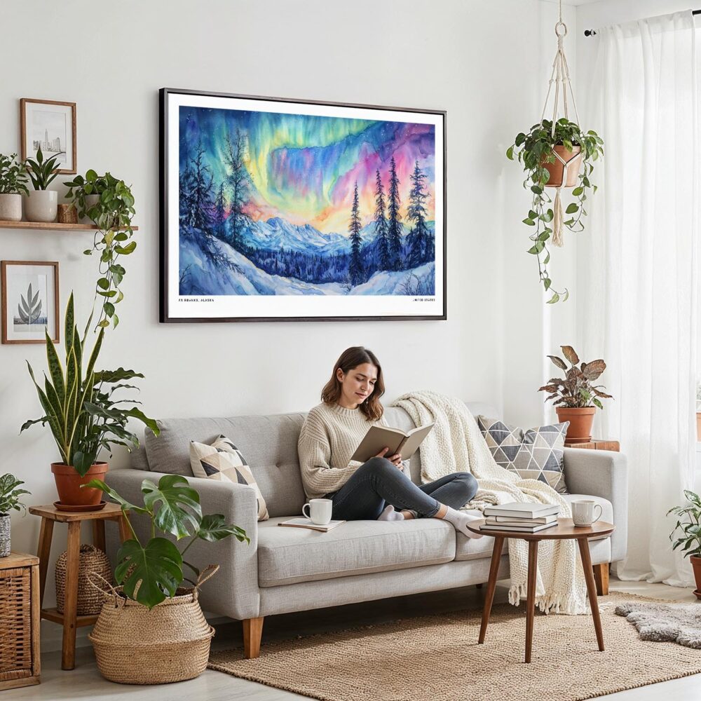 03 - Framed Fairbanks Alaska Northern Lights Watercolor - Horizontal Canvas Print - Boho Living Room with Woman reading.jpg 03 - Framed Fairbanks Alaska Northern Lights Watercolor - Horizontal Canvas Print - Boho Living Room with Woman reading.jpg