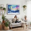 03 - Framed Fairbanks Alaska Northern Lights Watercolor - Horizontal Canvas Print - Boho Living Room with Woman reading.jpg
