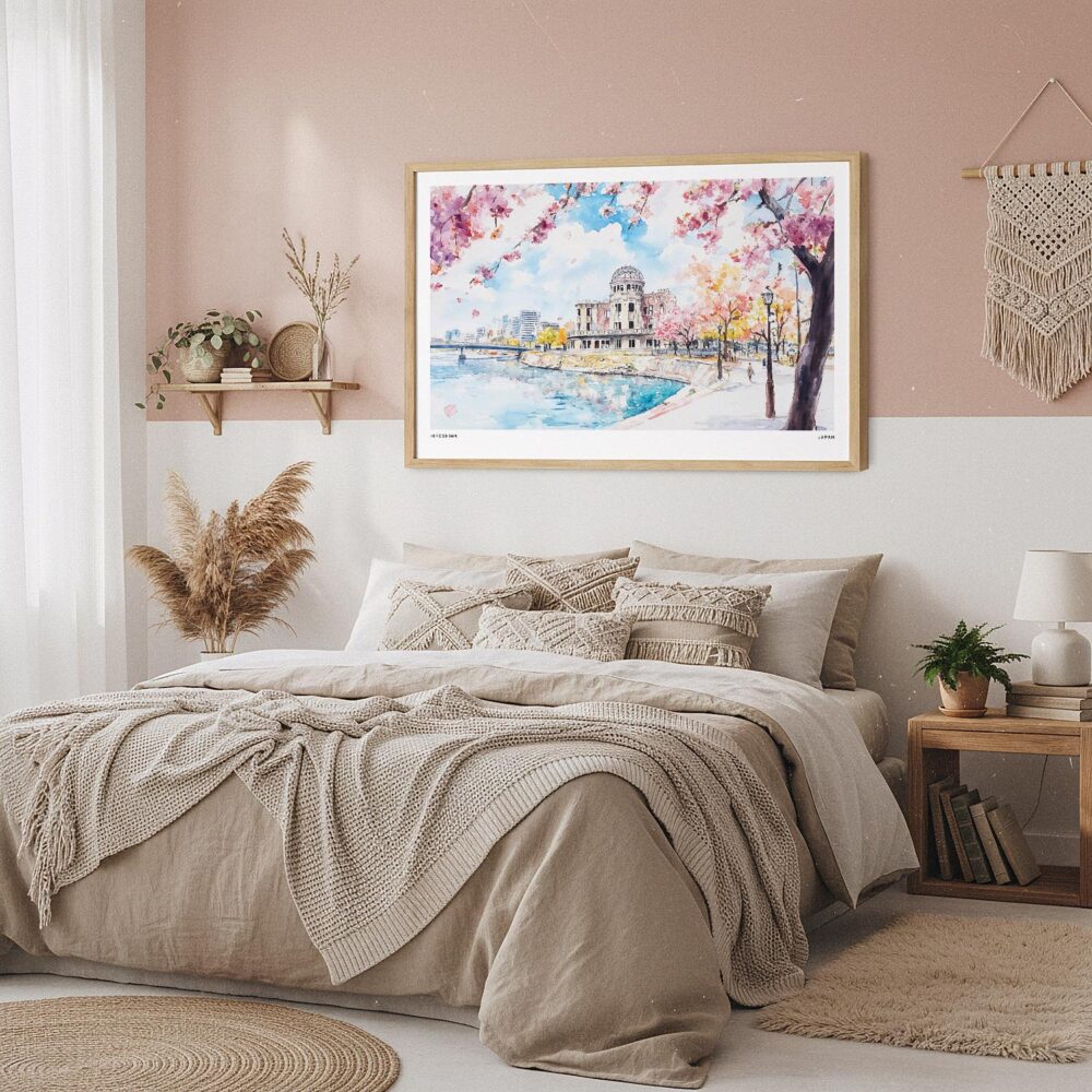 03 - Framed Hiroshima Japan Watercolor - Horizontal Art Print in Boho Bedroom.jpg 03 - Framed Hiroshima Japan Watercolor - Horizontal Art Print in Boho Bedroom.jpg