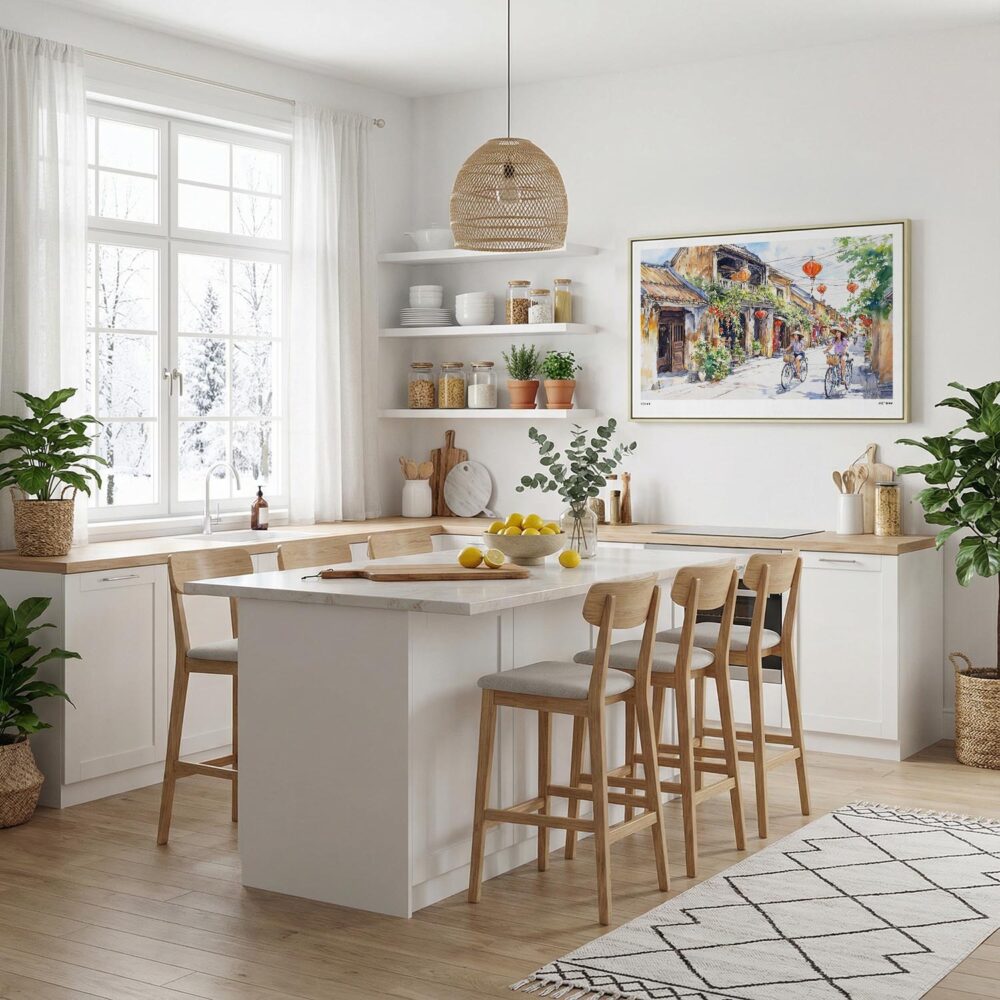 03 - Framed Hoi An Vietnam Watercolor - Horizontal Canvas Print in Modern Kitchen.jpg 03 - Framed Hoi An Vietnam Watercolor - Horizontal Canvas Print in Modern Kitchen.jpg