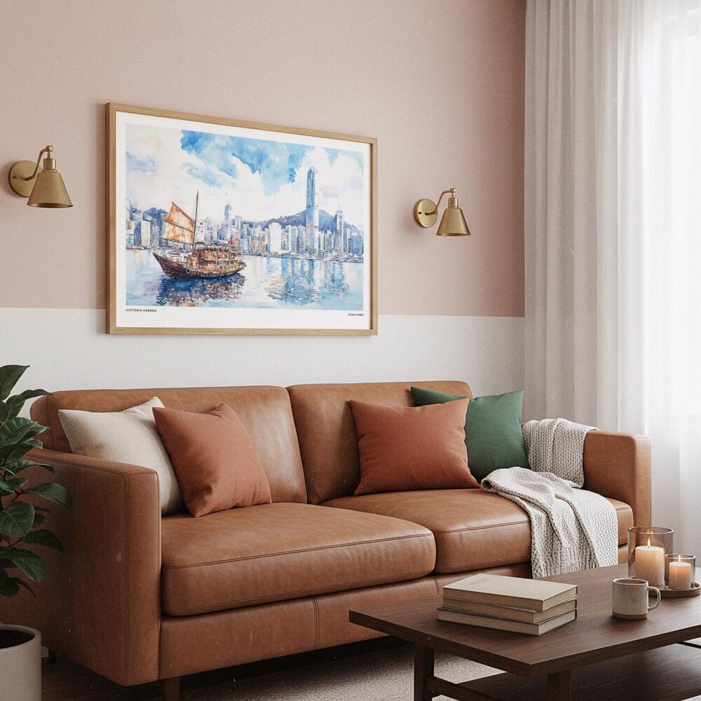 03 - Framed Hong Kong Watercolor - Horizontal Art Print hanging in Boho Living Room.jpg 03 - Framed Hong Kong Watercolor - Horizontal Art Print hanging in Boho Living Room.jpg