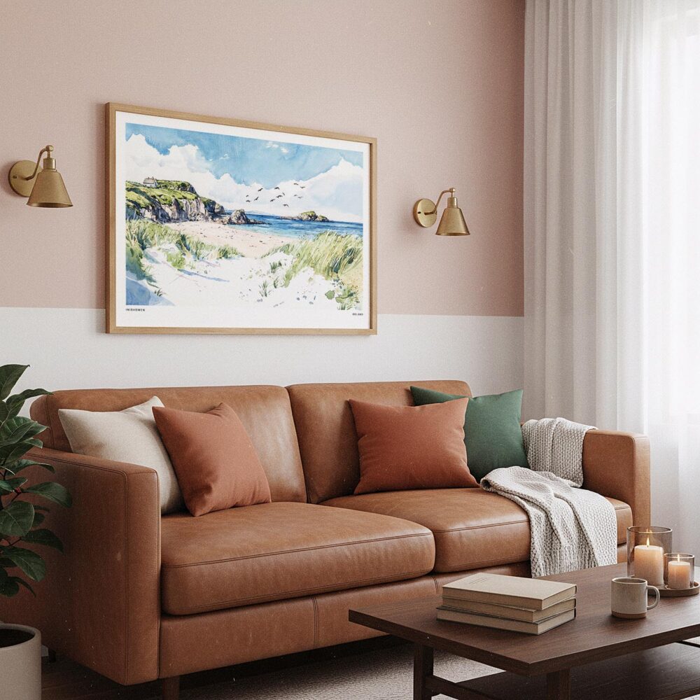 03 - Framed Inishowen Ireland Watercolor - Horizontal Art Print hanging in Boho Living Room.jpg 03 - Framed Inishowen Ireland Watercolor - Horizontal Art Print hanging in Boho Living Room.jpg