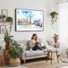 03 - Framed London Big Ben Watercolor - Horizontal Canvas Print - Boho Living Room with Woman reading.jpg