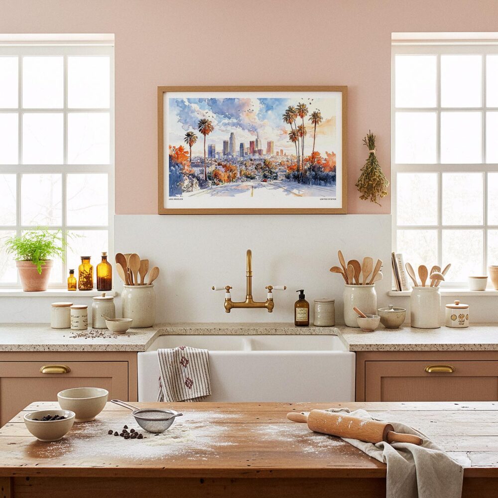 03 - Framed Los Angeles Skyline Watercolor - Horizontal Art Print in Farmhouse style Kitchen.jpg 03 - Framed Los Angeles Skyline Watercolor - Horizontal Art Print in Farmhouse style Kitchen.jpg