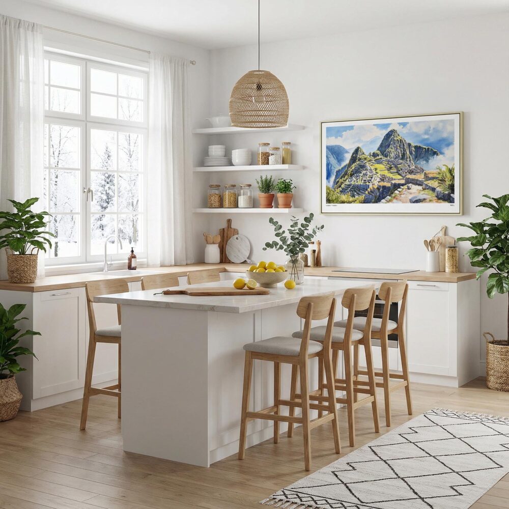 03 - Framed Machu Picchu Watercolor - Horizontal Canvas Print in Modern Kitchen.jpg 03 - Framed Machu Picchu Watercolor - Horizontal Canvas Print in Modern Kitchen.jpg