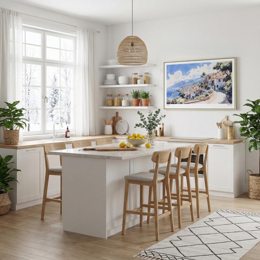 03 - Framed Madeira Portugal Watercolor - Horizontal Canvas Print in Modern Kitchen.jpg 03 - Framed Madeira Portugal Watercolor - Horizontal Canvas Print in Modern Kitchen.jpg