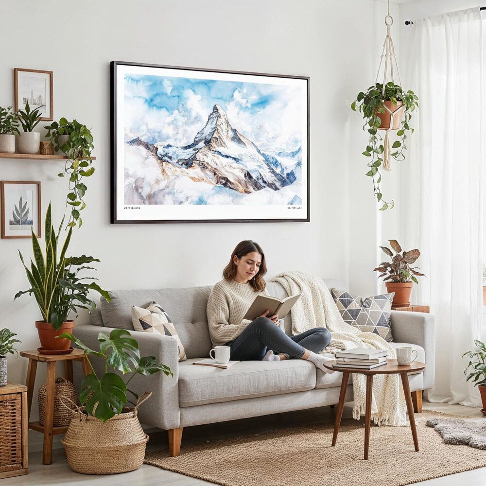 03 - Framed Matterhorn Watercolor - Horizontal Canvas Print - Boho Living Room with Woman reading.jpg 03 - Framed Matterhorn Watercolor - Horizontal Canvas Print - Boho Living Room with Woman reading.jpg