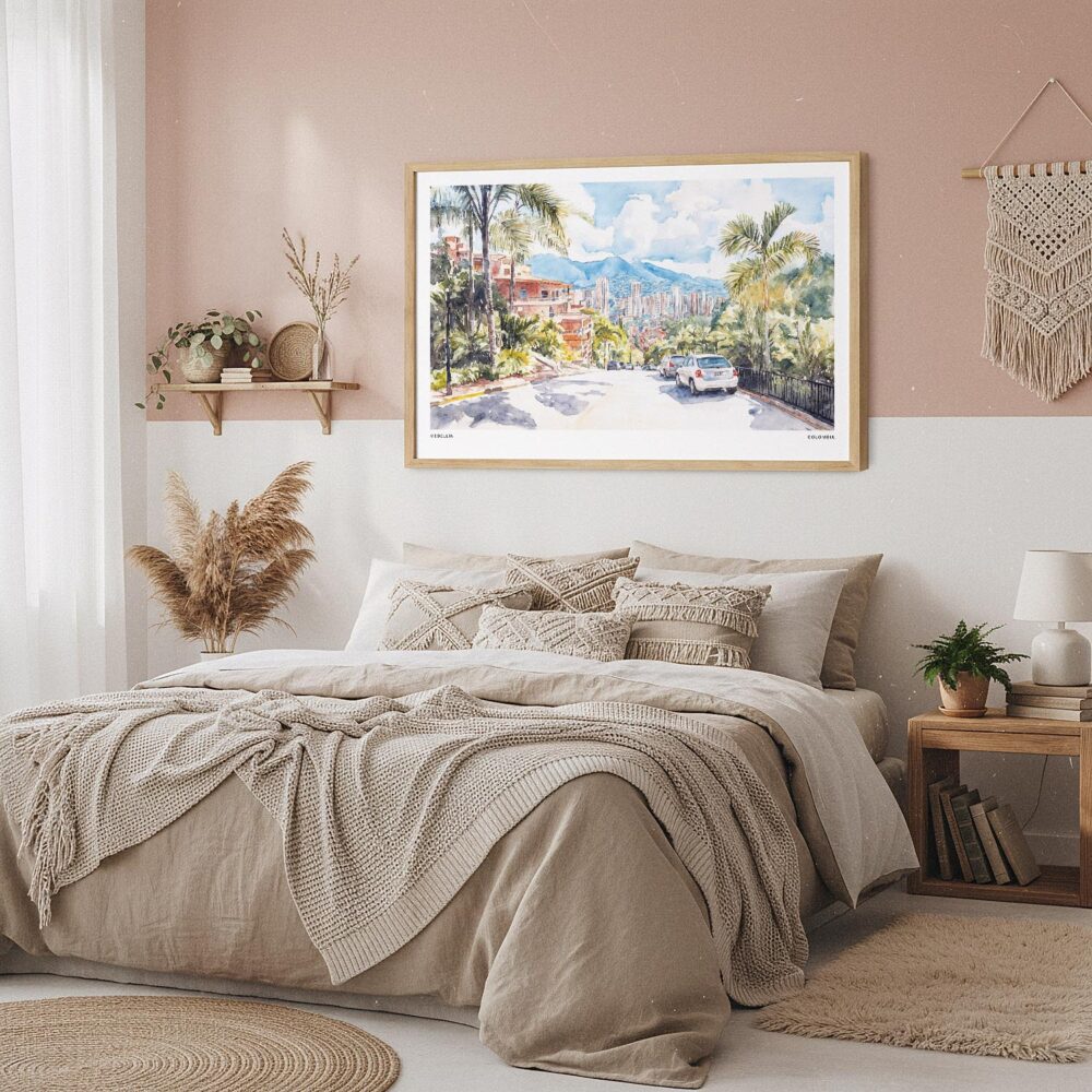 03 - Framed Medellin Watercolor - Horizontal Art Print in Boho Bedroom.jpg 03 - Framed Medellin Watercolor - Horizontal Art Print in Boho Bedroom.jpg