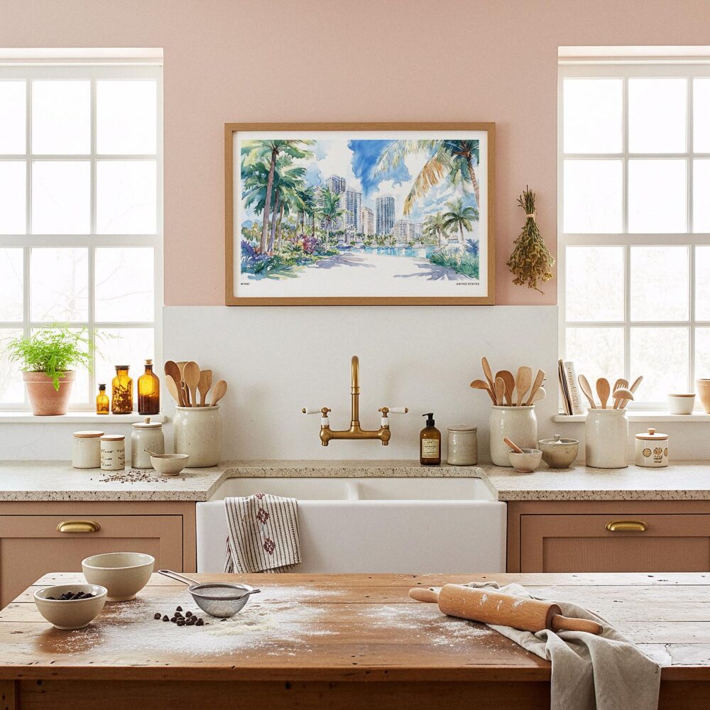 03 - Framed Miami Gardens Watercolor - Horizontal Art Print in Farmhouse style Kitchen.jpg 03 - Framed Miami Gardens Watercolor - Horizontal Art Print in Farmhouse style Kitchen.jpg