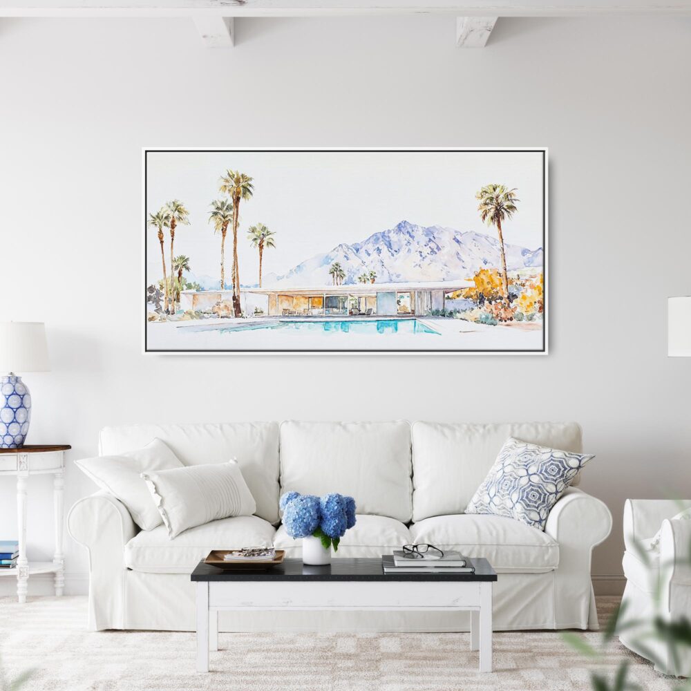 03 - Framed Minimal Palm Springs Watercolor - Panorama Canvas Print - Coastal Living Room.jpg 03 - Framed Minimal Palm Springs Watercolor - Panorama Canvas Print - Coastal Living Room.jpg
