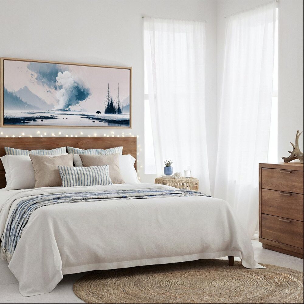 03 - Framed Minimal Yellowstone Watercolor - Panorama Canvas Print - Coastal Bedroom.jpg 03 - Framed Minimal Yellowstone Watercolor - Panorama Canvas Print - Coastal Bedroom.jpg