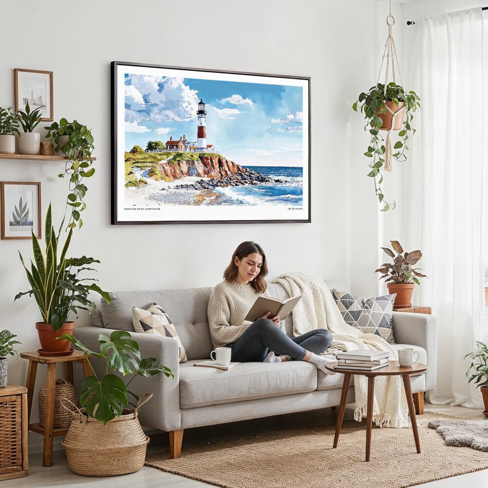 03 - Framed Montauk point lighthouse Watercolor - Horizontal Canvas Print - Boho Living Room with Woman reading.jpg 03 - Framed Montauk point lighthouse Watercolor - Horizontal Canvas Print - Boho Living Room with Woman reading.jpg