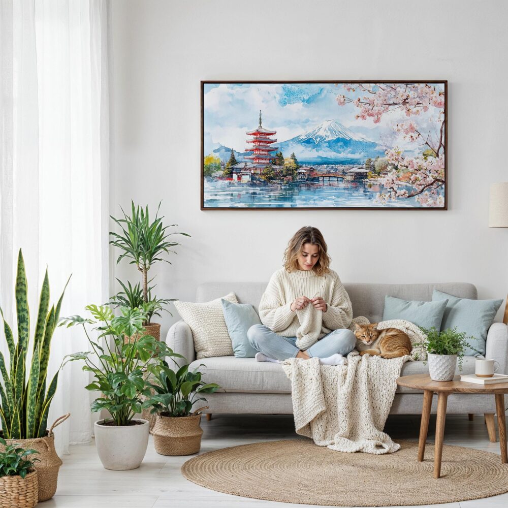 03 - Framed Mount Fuji Japan Watercolor - Panorama Canvas Print - Woman Knitting on Sofa.jpg 03 - Framed Mount Fuji Japan Watercolor - Panorama Canvas Print - Woman Knitting on Sofa.jpg