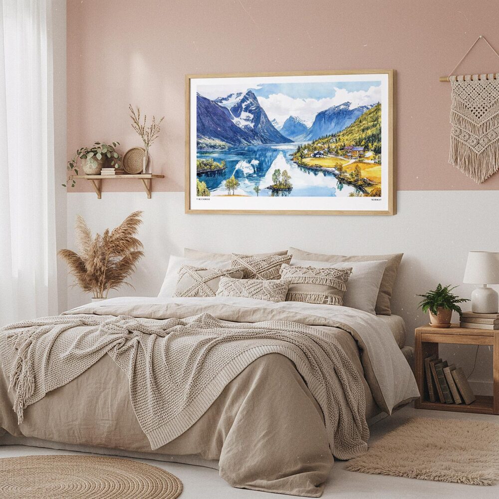 03 - Framed Norway Fjords Watercolor - Horizontal Art Print in Boho Bedroom.jpg 03 - Framed Norway Fjords Watercolor - Horizontal Art Print in Boho Bedroom.jpg