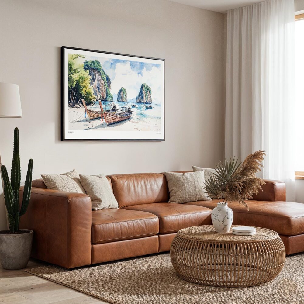 03 - Framed Phuket Thailand Watercolor - Horizontal Canvas Print - Boho Living Room.jpg 03 - Framed Phuket Thailand Watercolor - Horizontal Canvas Print - Boho Living Room.jpg