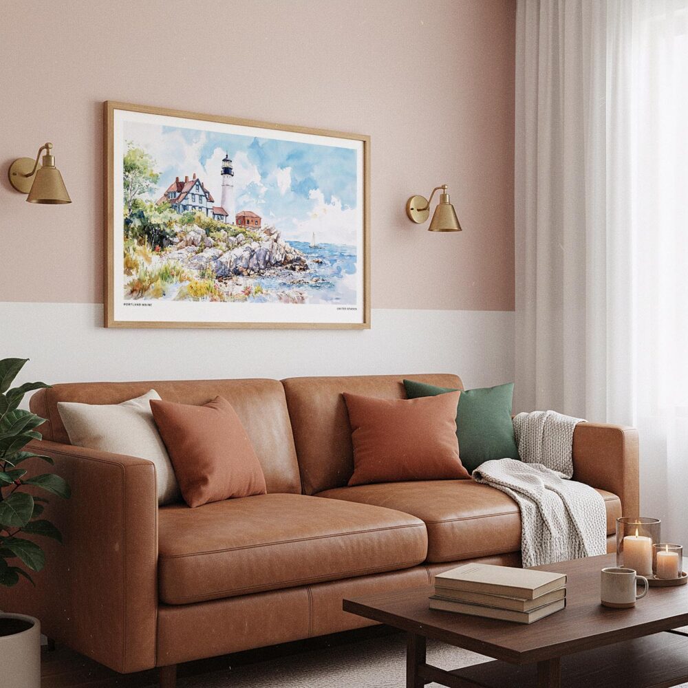 03 - Framed Portland Maine Lighthouse Watercolor - Horizontal Art Print hanging in Boho Living Room.jpg 03 - Framed Portland Maine Lighthouse Watercolor - Horizontal Art Print hanging in Boho Living Room.jpg