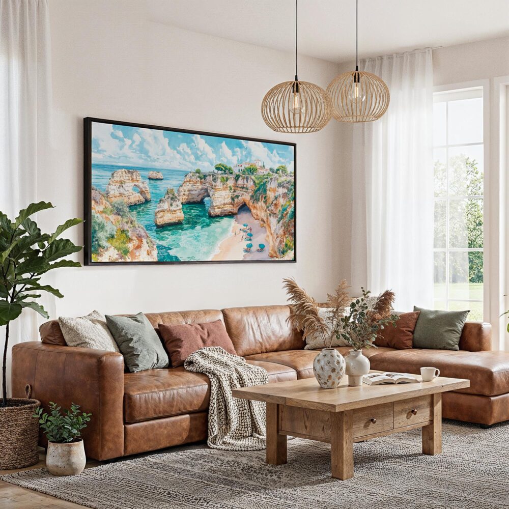 03 - Framed Portugal Algarve Watercolor - Panorama Canvas Print - Living Room.jpg 03 - Framed Portugal Algarve Watercolor - Panorama Canvas Print - Living Room.jpg