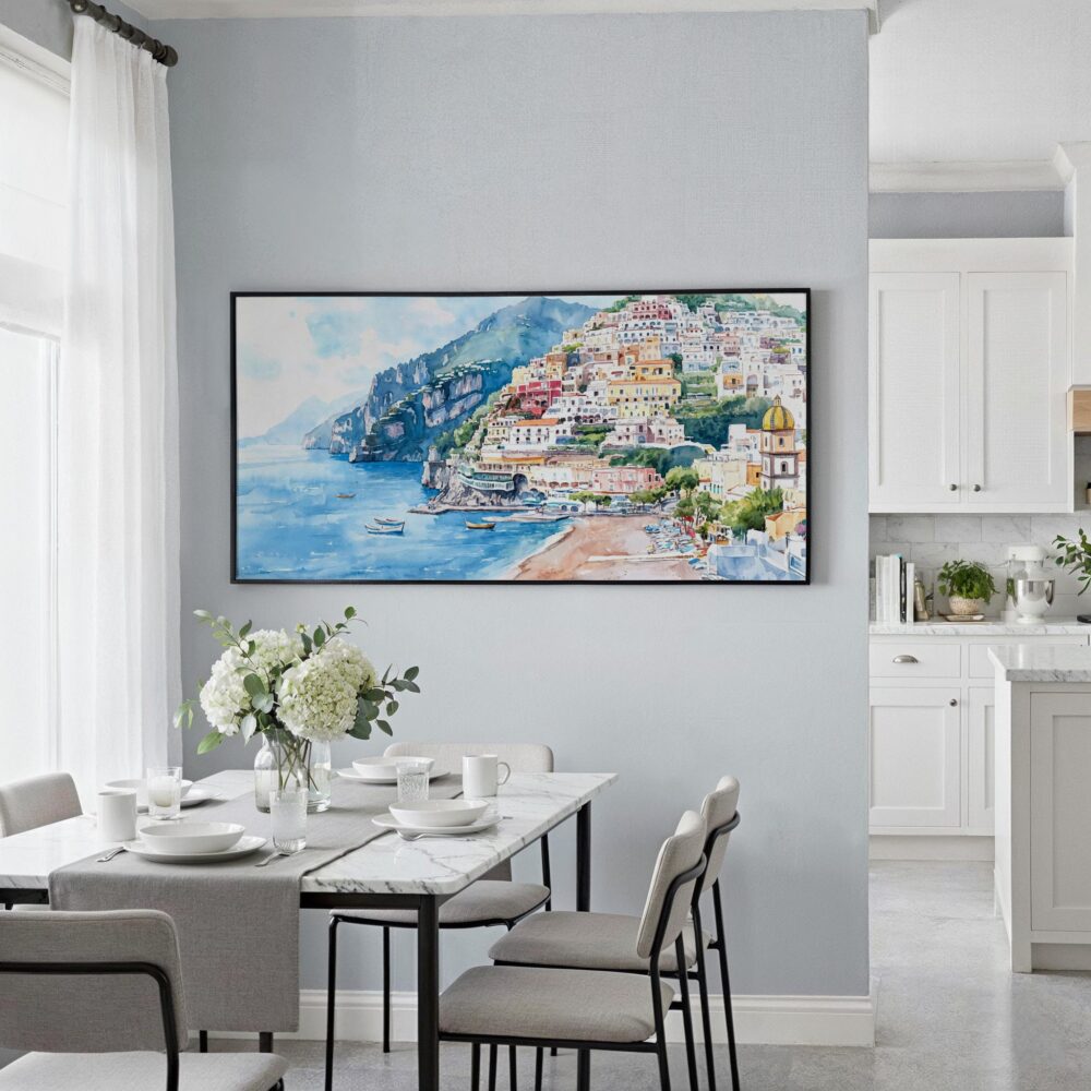 03 - Framed Positana Amalfi Coast Watercolor - Panorama Canvas Print - Coastal Kitchen.jpg 03 - Framed Positana Amalfi Coast Watercolor - Panorama Canvas Print - Coastal Kitchen.jpg