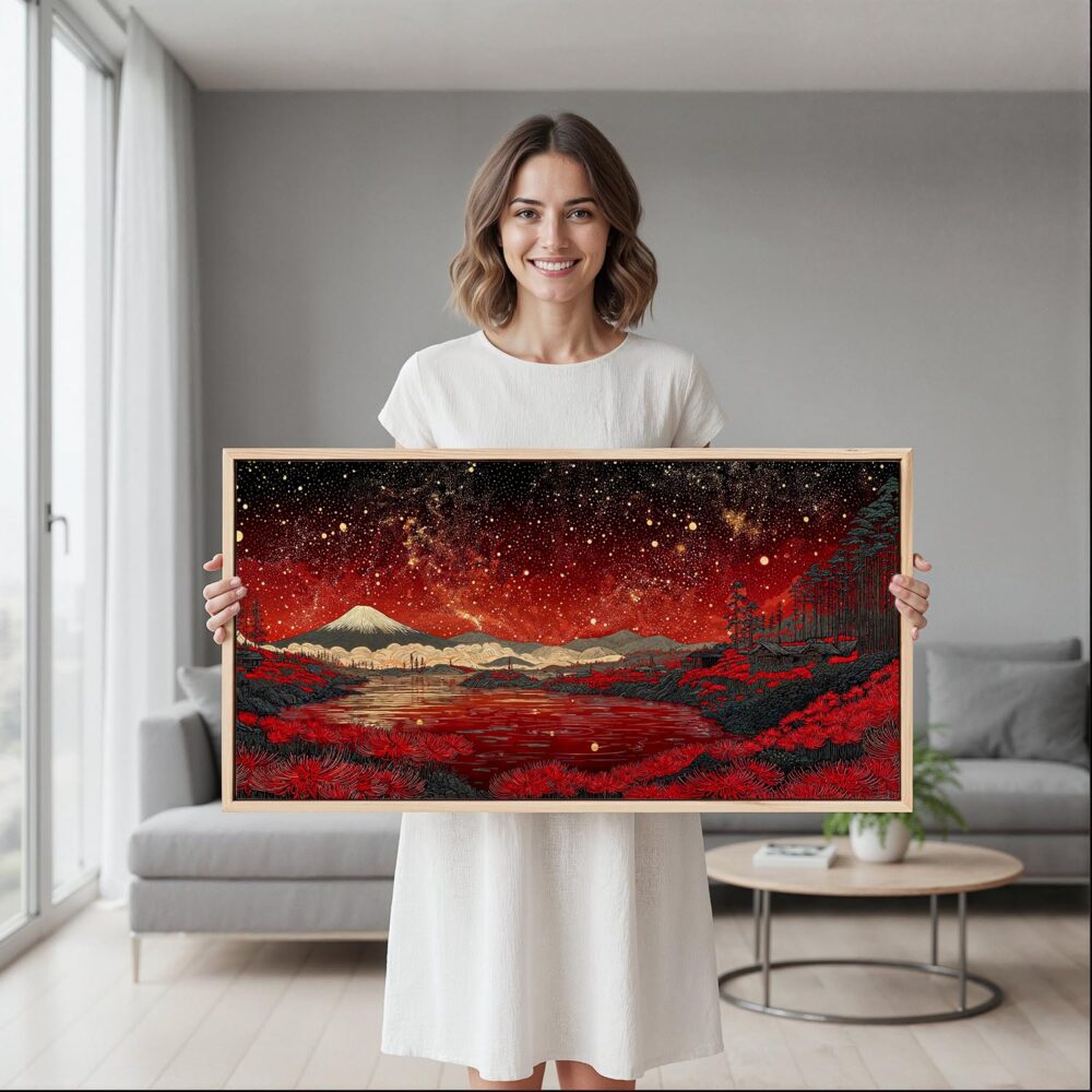 03 - Framed Red Japan Kusama Inspired Art - Panorama Canvas Print - Woman in contemporary Living Room.jpg 03 - Framed Red Japan Kusama Inspired Art - Panorama Canvas Print - Woman in contemporary Living Room.jpg
