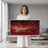 03 - Framed Red Japan Kusama Inspired Art - Panorama Canvas Print - Woman in contemporary Living Room.jpg