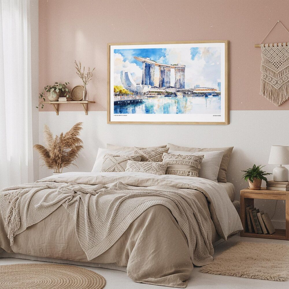 03 - Framed Singapore Marina Bays Sands Watercolor - Horizontal Art Print in Boho Bedroom.jpg 03 - Framed Singapore Marina Bays Sands Watercolor - Horizontal Art Print in Boho Bedroom.jpg