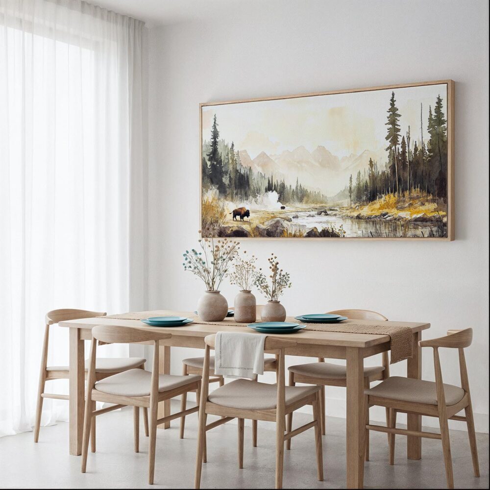03 - Framed Warm Yellowstone with Bison Watercolor - Panorama Canvas Print - Dining Table.jpg 03 - Framed Warm Yellowstone with Bison Watercolor - Panorama Canvas Print - Dining Table.jpg