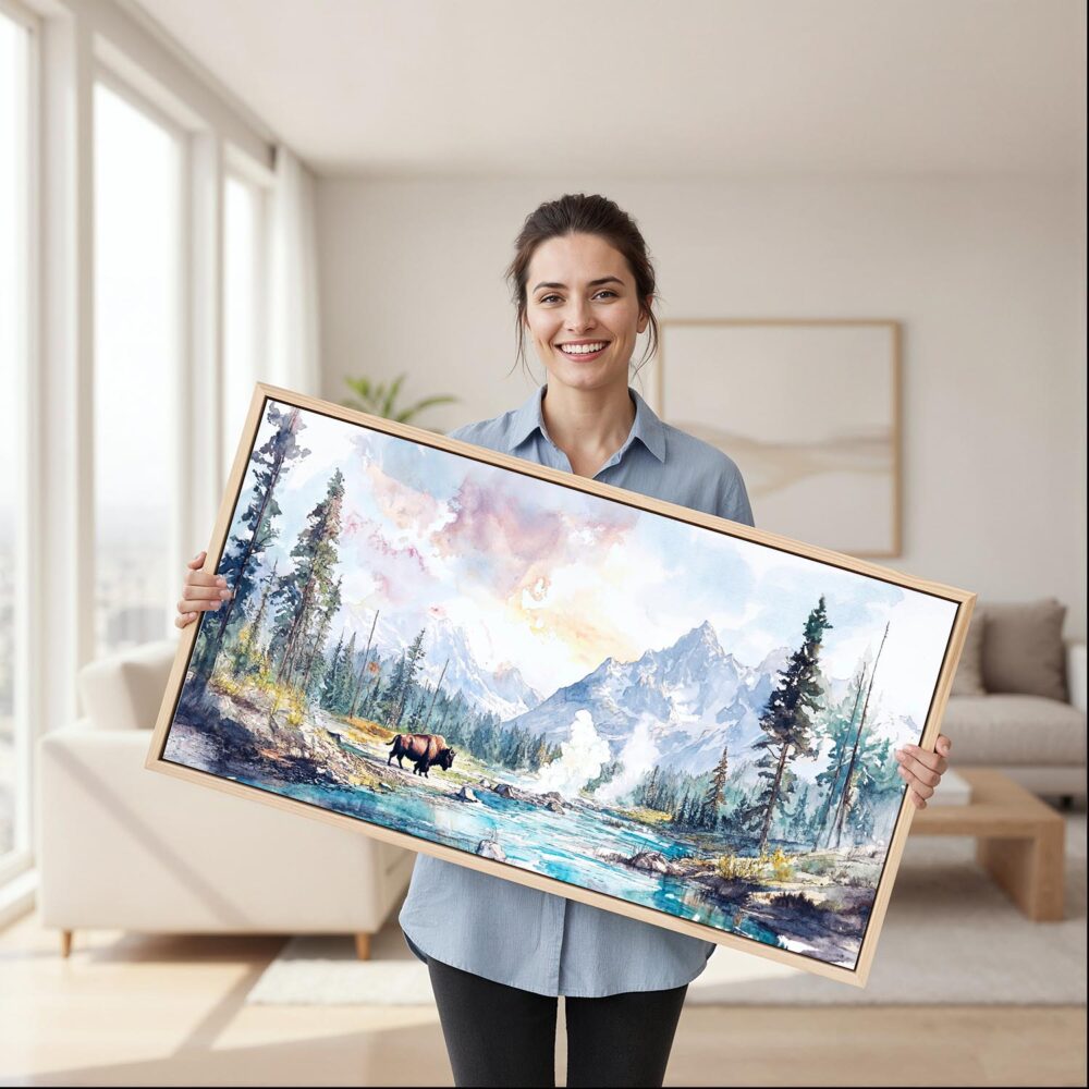 03 - Framed Yellowstone Watercolor - Panorama Canvas Print - Woman in Living Room.jpg 03 - Framed Yellowstone Watercolor - Panorama Canvas Print - Woman in Living Room.jpg