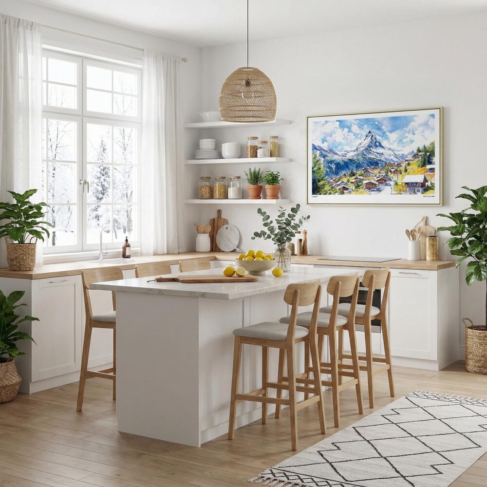 03 - Framed Zermatt Watercolor - Horizontal Canvas Print in Modern Kitchen.jpg 03 - Framed Zermatt Watercolor - Horizontal Canvas Print in Modern Kitchen.jpg