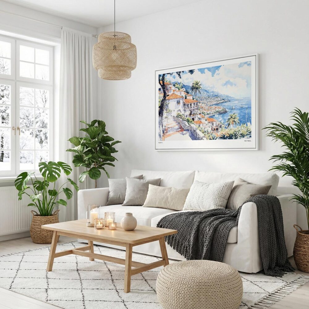 03 - Funchal Portugal Watercolor - Horizontal Canvas Print with White Floater Frame in modern Scandi Living Room.jpg 03 - Funchal Portugal Watercolor - Horizontal Canvas Print with White Floater Frame in modern Scandi Living Room.jpg