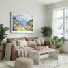 03 - Grindelwald Watercolor - Horizontal Canvas Print with White Floater Frame above Leather Couch.jpg
