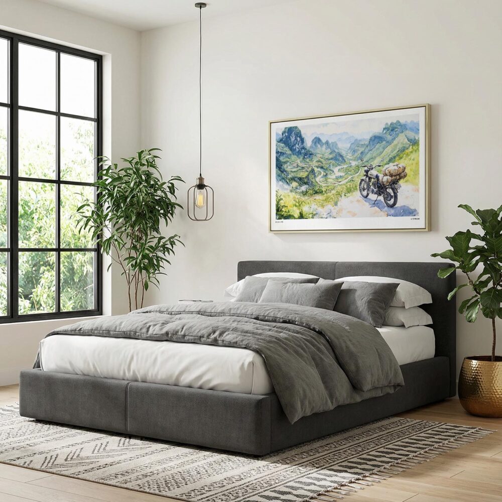03 - Ha Giang Loop Watercolor - Horizontal Canvas Print with Natural Floater Frame Above Bed.jpg 03 - Ha Giang Loop Watercolor - Horizontal Canvas Print with Natural Floater Frame Above Bed.jpg