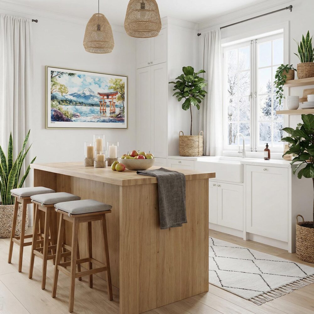 03 - Hakone Japan Watercolor - Horizontal Canvas Print with Natural Floater Frame in Kitchen.jpg 03 - Hakone Japan Watercolor - Horizontal Canvas Print with Natural Floater Frame in Kitchen.jpg