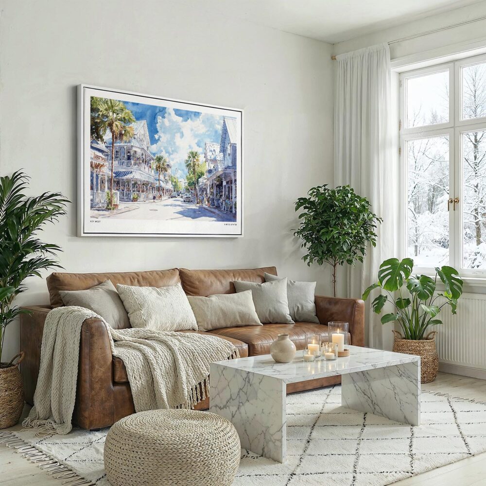 03 - Key West Florida Duval Street Watercolor - Horizontal Canvas Print with White Floater Frame above Leather Couch.jpg 03 - Key West Florida Duval Street Watercolor - Horizontal Canvas Print with White Floater Frame above Leather Couch.jpg