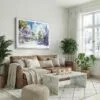 03 - Key West Florida Duval Street Watercolor - Horizontal Canvas Print with White Floater Frame above Leather Couch.jpg